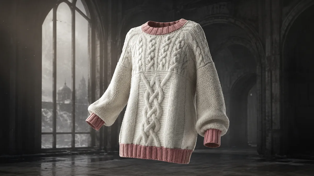 An ecru cable-knit CHANEL-inspired jumper with pink ribbed trims in a vast cinematic gothic hall