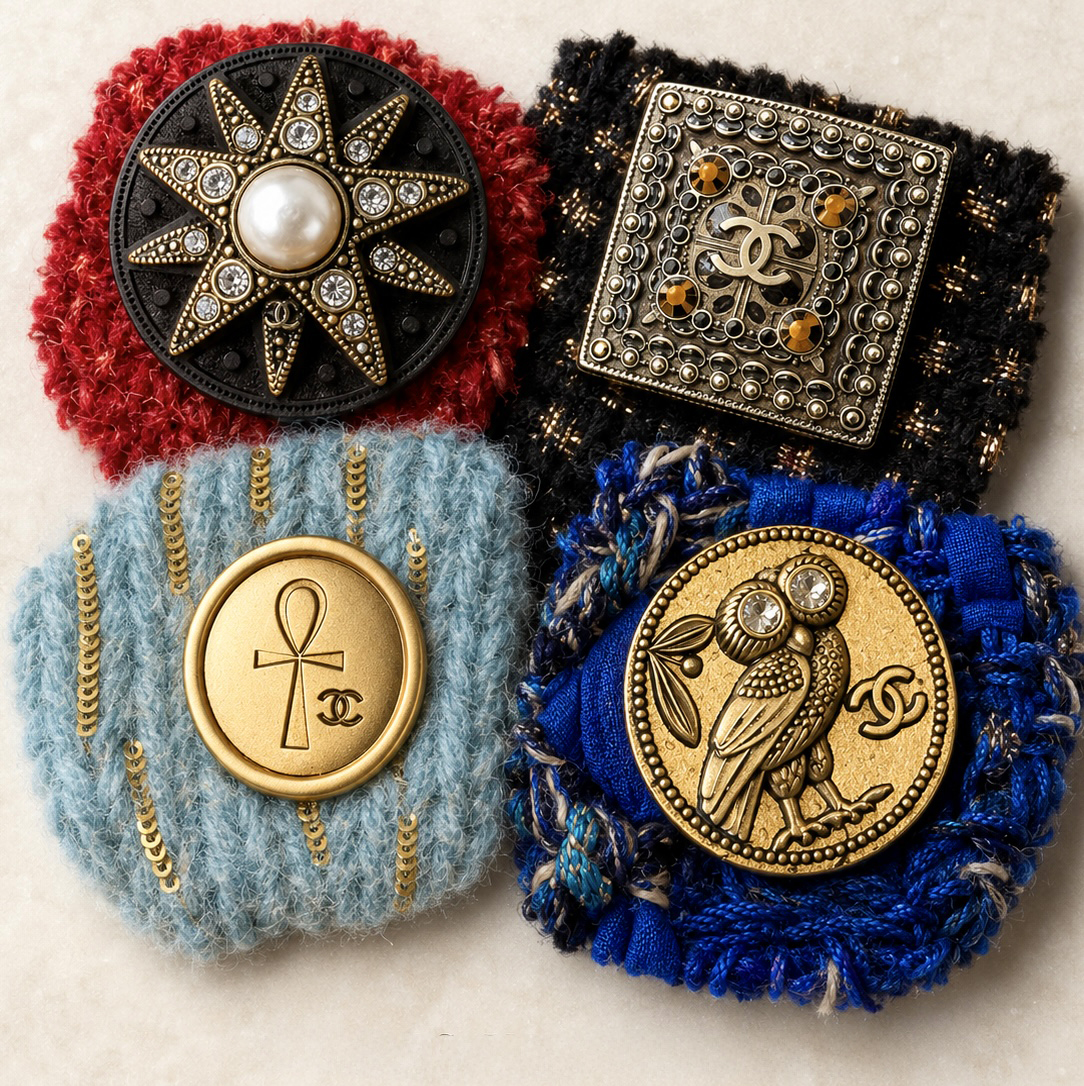 Four collectible CHANEL textile and jewel button details arranged in a square composition.